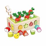 【Juguetes Montessori】: Los juguetes de madera de alta calidad incluyen 1 conejo de madera, 12 bloques de frutas, 8 zanahorias (rojas y blancas), 10 lindos gusanos (rosados, amarillos, verdes, rojos) y un carro de cinco lados con diferentes formas y estructuras. Con sus grandes granos, sus bordes pulidos y su pintura no tóxica a base de agua, los juguetes de madera satisfacen las necesidades de su bebé para jugar y aprender, así como los requisitos de seguridad y calidad de los padres.