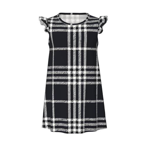 Augenstern Flutter Sleeve Nightgown Pajama Gown Black White Plaid Easy Pull-On Sleepwear Nightdress