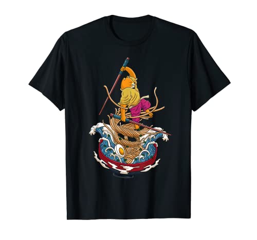 Kawaii Cat Ramen Macarrão comida japonesa ninja samurai t-shirt, Preto