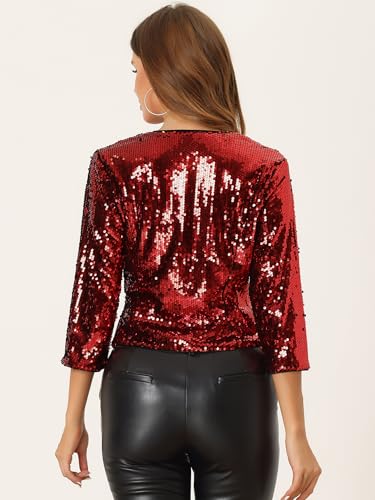 Allegra K Women's Sequin Jacket 3/4 Sleeve Open Front Party Shiny Glitter Sparkly Shrug Blazer4