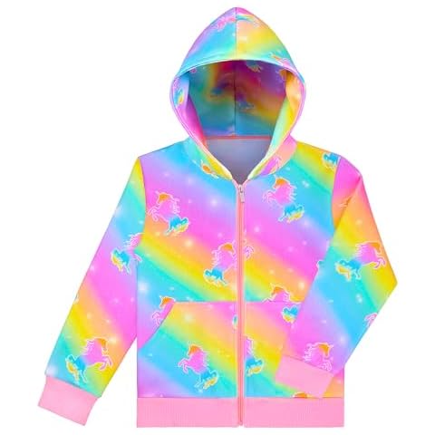 Nidoul Girls Zip Up Hoodie Jacket Unicorn Rainbow Mermaid Sweatshirt with Pockets for Toddler Kid 3-9 Y (US, Age, 4 Years, 5 Years, Pink Horse) Cover
