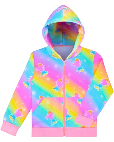 Nidoul Girls Zip Up Hoodie Jacket Unicorn Rainbow Mermaid Sweatshirt with Pockets for Toddler Kid 3-9 Y
