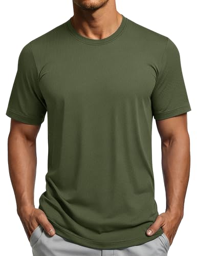MAGCOMSEN Workout Shirts for Men Quick Dry Short Sleeve Shirt Running Athletic Gym Tee Lightweight Performance Crew Neck Top Army Green 2XL