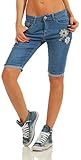 Bestickt, Blumen Stickerei Fashion4Young 11415 Damen Jeans Bermuda Slim-Fit Shorts Kurze Hose Stickerei Panty Stretch Boho-Style (blau, S-36)