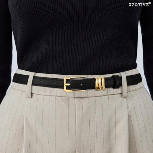 XZQTIVE Women Skinny Leather Belt Ladies Black Thin Waist Belt for Dresses Jeans Pants with Gold Buckle and Metal Loops3