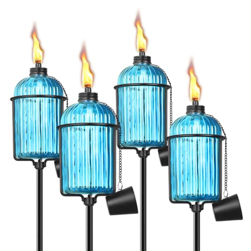 FAN-Torches 4 Pack Glass Garden Torch , 13.5 oz Blue Outdoor Torch Garden Décor , 61-Inch Upgraded Citronella Torches with 3-Prong Grounded Stake , Metal Light Torches for Party Patio Pathway by FAN-Torches - Used condition - US$30.39