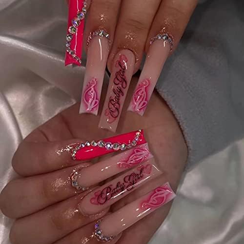 JUSTOTRY 24 Pcs Fake Nails Long,Black French Press on Nails Patterns, Snake Medium Ballerina Stick on Nails Jewels for Women, Acrylic Coffin False Nails with Glue for Nail Art