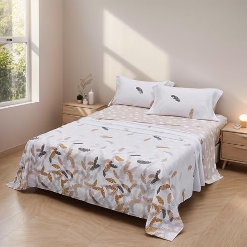 H HANSEL HOME Juego de Sábanas Cama 135cm 4 Piezas 100% Microfibra Transpirable Duradero Ultra Suave - Incluye 1 Encimera, 1 Bajera Ajustable y 2 Fundas de Almohada - Plumas Beige