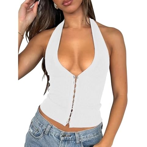 Fallorchid Womens Sleeveless Tank Tops Sexy Y2k Halter V Neck Ribbed Kint Crop Top White Cover
