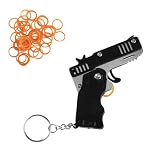 Hopzab Foldable Rubber Band Gun Keychain, Portable Mini Soft Elastic Launcher Toy, Safe Battery-Free Interactive Game Accessory, Black with 120 Bands