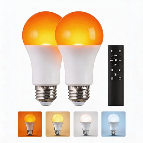 MXhme Amber Sleep Light Bulbs with Remote Control, 800LM 9W (60W Equivalent),Circadian Rhythm Light Bulb,Dim,1800K-6500K,E26,2.4G,Warm and Reading Light Bulb for Home Decor,2Bulb&1Remote