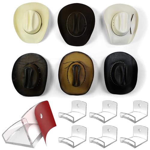Modern JP Adhesive Hat Hooks for Wall (6-Pack) - Cowboy Hat Rack, Wide Brim Hat Organizer, Strong Hold Hat Hangers for Wall - Clear