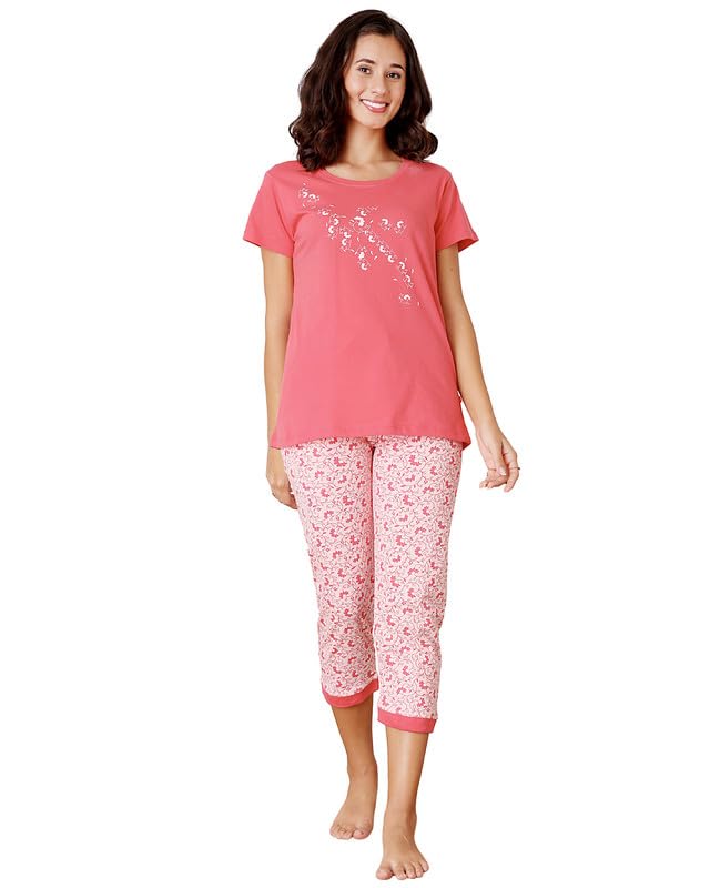 bodycare Women's Cotton Printed T-Shirt and Capri Set | Soft & Breathable Nightwear | Short Sleeves | Loungewear Co-Ord Set BSCS16028-picture-57