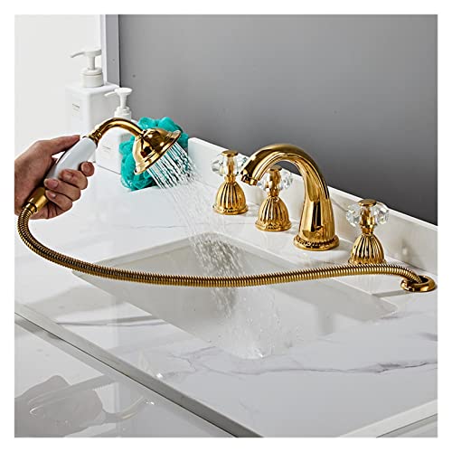 Gold 5 Pcs Bathroom Vessel Basin Faucets Cold Hot Hand Held Sprayer Deck Mount Solid Brass 3 Handles Tub Taps #TOP3