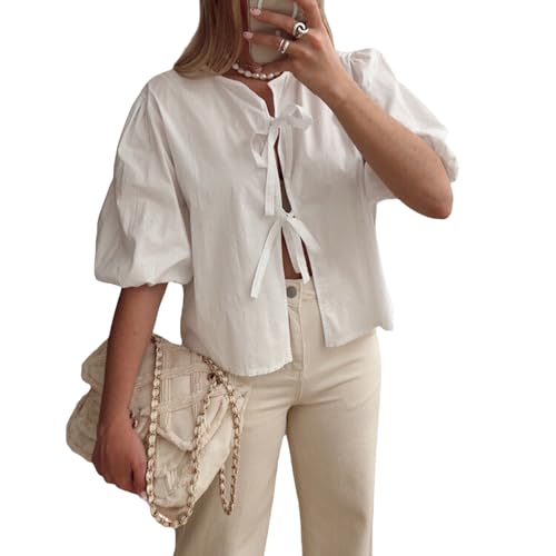 PDYLZWZY Camisas de mujer con mangas abullonadas, peplum, cordones Y2k, con cordones delanteros, dobladillo con volantes, blusa holgada, elegante, informal, babydoll (blanco, XL), Blanco