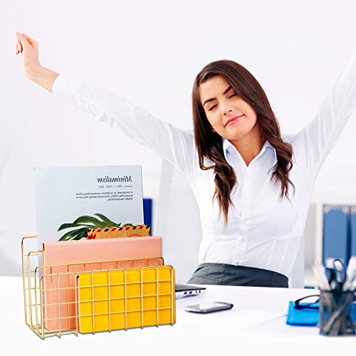 YiePhiot Desktop Mail Organizer File Organizer Metal Wire Mail Sorter Letter Organizer Magazine Rack for Letters, Mails, Books, Postcards, Brochures, Mail Holder (3 Slot, Gold) - Thumbnail 6