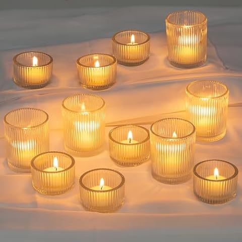 Glasseam Clear Glass Votive Candle Holders: Small Tea Light Candle Holders in Bulk, Ribbed Vintage Candle Holder Set of 24, Decorative Tealight Holders for Wedding Centerpieces Party Decorations Cover
