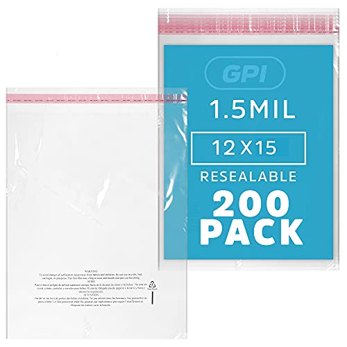 12" x 15" Self Seal Poly Bags, Large, 200 Pack, 1.5 Mil, for Packaging, GPI