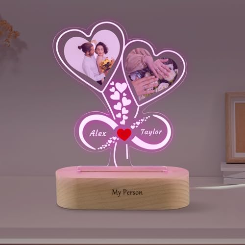 Personalized Gifts for Couples,Custom Double Photo Night Light, Acrylic Heart Frame with Names Engraved, Infinity Love Romantic Gift for Him Her Anniversary Birthday Christmas