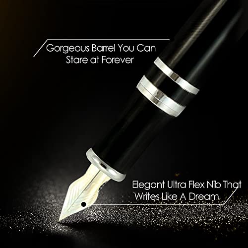 Fountain Pen Revolution Fpr Ambassador Black Fountain Pen W/Ultra Flex Nib - Luxury Pen Set Includes Bottle Filling Converter & 2 Long Cartridges #TOP1