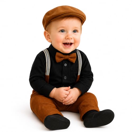Image of Baby Boy Formal Outfit Set with Suspenders, Bow Tie & Newsboy Cap - Toddler Gentleman Dress Clothes for Birthday Party, Cake Smash, Wedding & Photoshoot