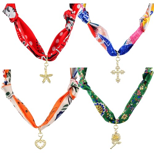 KJML DIY Scarf Necklace with Charm 4Pack Bandana Necklace with Charms Silk Styling Adjustable Tie Statement Choker Jewelry Scarf Necklaces for Women Birthday Mothers Day Christmas Teacher Lady