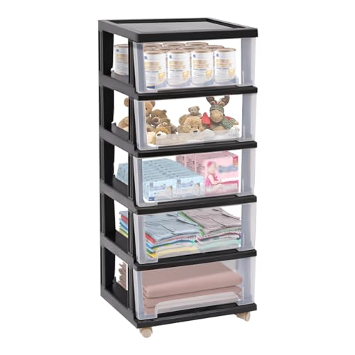 Lilyeriy Cassettiera in plastica con 5 cassetti trasparenti su ruote, altezza 98 cm, colore nero, ideale per libri, documenti e altro ancora