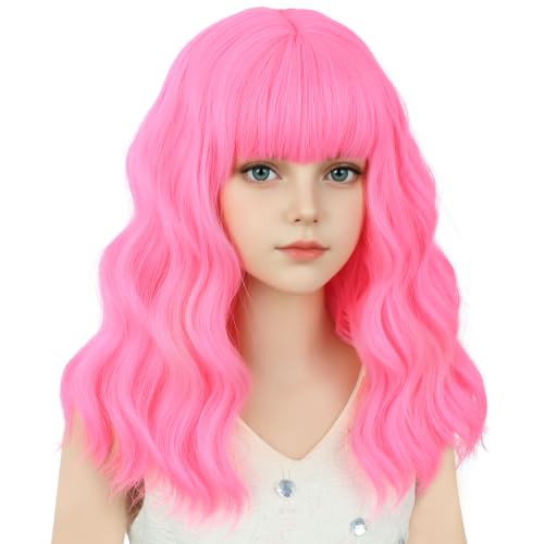 Image of Neon Pink Wig Short Pink Wavy Curly Wigs Wig with Air Bangs Synthetic Cosplay Hair Wigs