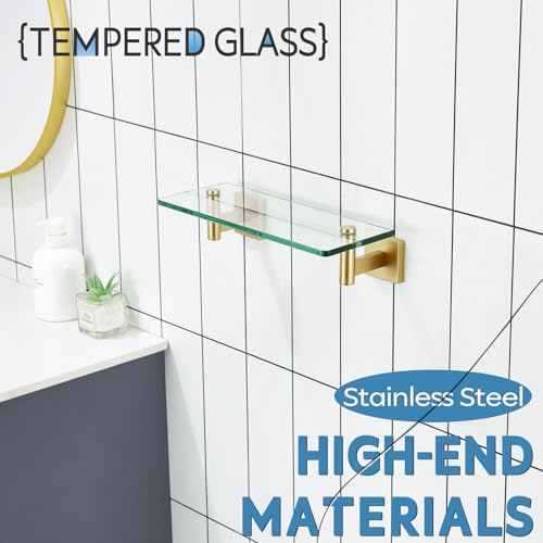 KOKOSIRI Wall Shelves Floating Shelf 12'' Gold Stainless Steel Bathroom Hardware Tempered Glass Hanging Rack Storage/Room Decor 2 Pack B1105BG-L12-P2 by KOKOSIRI - Image 7