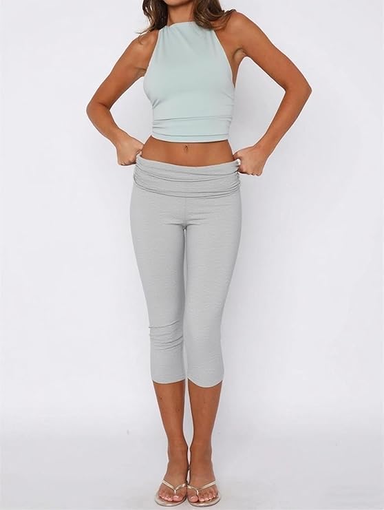 NUFIWI Fold Over Leggings for Women Low Waist Stretch Yoga Pants Capri Slim Fit Going Out Crop Pants Streetwear - Image 2