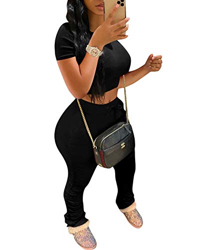 2 Piece Outfits for Women - Casual Two Pc Crop Top + Skinny Sweatpants Sets Jumpsuits Tracksuits Black Medium
