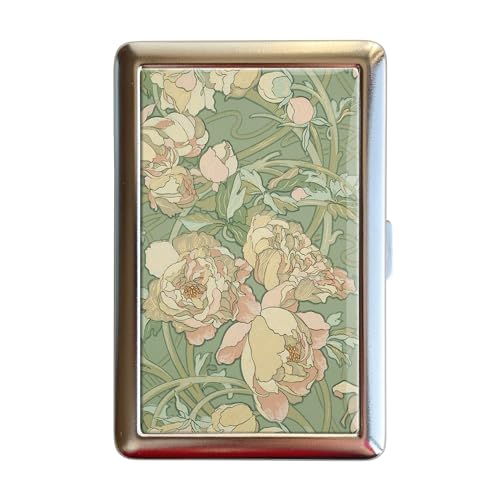 Vintage Green Floral Peach Nouveau Flower Cigarette Case Zigarettenetui Wallet Vintage Metal Box Blunt Holder (King Size or 100s)