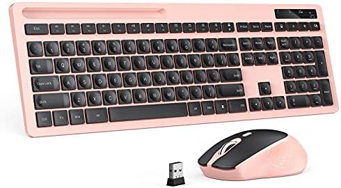 Wireless Keyboard and Mouse Combo - Keyboard with Phone Holder, VIVEFOX 2.4GHz Silent USB Wireless Keyboard Mouse Combo, Full-Size Keyboard and Mouse for Computer, Desktop and Laptop (Pink)