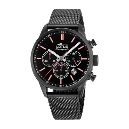 LOTUS Reloj Hombre Analógico de Acero Inoxidable 316l Negro   Movimiento de Cuarzo   Cronógrafo   Calendario   Cristal Mineral de Alta Resistencia   Resistente al Agua 5 ATM Casual 18700/1 Chrono