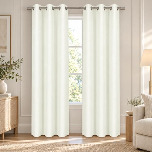 Deconovo Faux Linen Window Curtains Thermal Insulated Grommet Curtain Panels Blackout Curtains with Coating Back Layer for Nursery Room 38x95 Inch 1 White