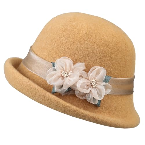 Nawati Elegant Wool Felt Flowers Bucket Hat, Women Vintage Cloche Floral Fedora Hat, Ladies Wedding Dress Church Fascinator Hat Winter Fall Yellow