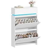 Hzuaneri Schuhschrank, Schuhkipper Schmal mit LED-Leuchten, Schuhregal, Verstellbare Ablagefläche, 16 Paar, 2 Klappen(75B cm), Schuhaufbewahrung für Eingang, Flur, Weiß SR58803XEU