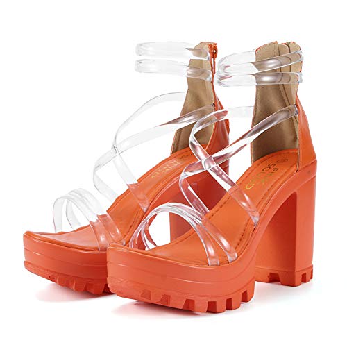 ZYAPCNGN Sandals for Women Women\'s Chunky Heels Zippered Waterproof Platform High Heels Shoes Sandals Wedge Sandals Orange