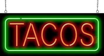 Tacos Neon Sign - Large Size - 32" wide x 13" high - Real, Quality Hand Bent Neon Sign - Red Letters with a Green Outer Border