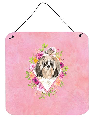 Caroline's Treasures CK4212DS66 Shih Tzu Pink Flowers Wall or Door Hanging Prints Aluminum Metal Sign Kitchen Wall Bar Bathroom Plaque Home Decor, 6x6, Multicolor