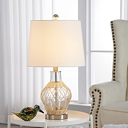 Maxax Glass Table Lamp, Nautical Rattan Gourd Bedside Lamp With White Shade For Living Room Bedroom Beach Nightstand - 22.5 Inches #TOP6