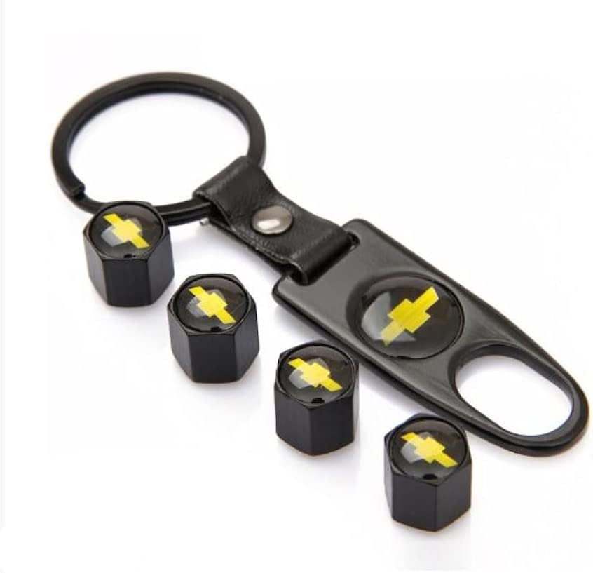 Chevy Black Tire Stem Valve Caps and Black Keychain Combo Set