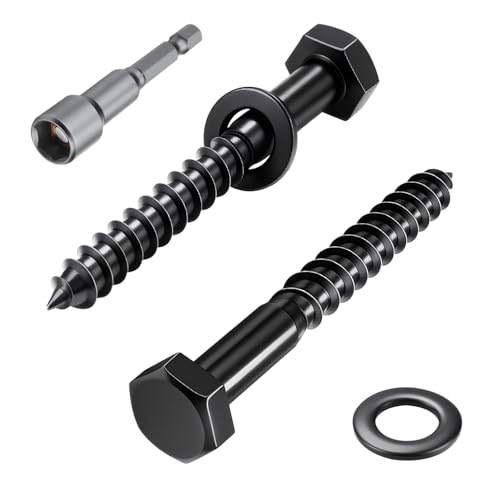 Lot de 10 vis à bois hexagonales M6 x 60 mm Vis à tête hexagonale en acier inoxydable A2 V2A avec rondelles et clé à douille Noir