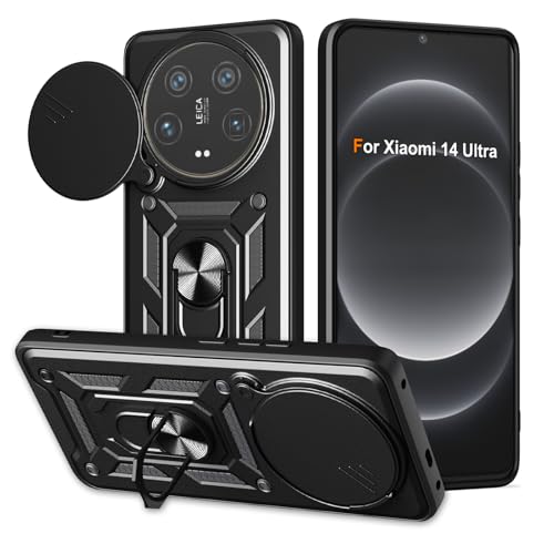 Yutwo Funda para Xiaomi 14 Ultra Carcasa, Protección de la Cámara Carcasa con Cubierta de Cámara Deslizante y Soporte de Anill Silicone Anti-Choque Anti-arañazos Carcasa para Xiaomi 14 Ultra – Negro
