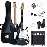 XINYAN 39in Full Size Beginner Electric Guitar Starter Kit w/Case, Strap, 20W Amp, Strings, Pick, Tremolo Bar (Black Guitar)