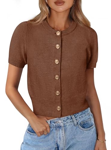 PRETTYGARDEN Womens Casual Summer Short Sleeve Cardigans 2025 Button Down Knitted Sweater Basic Crew Neck Crop Tops