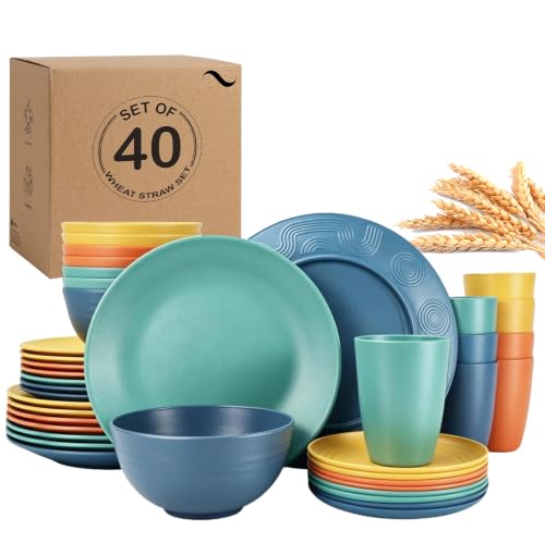 PYRMONT 40 Pcs Wheat Straw Plates and Bowls Set Colorful Dinnerware Set