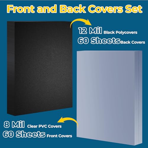 StyEdEk 120 Pcs Binding Covers and Backs Set, 8.5x11 Inch, Letter Size 60 Pcs 8mil Clear PVC, 60 Pcs 12mil Sand Plastic Texture