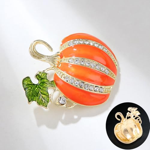 Image of Rhinestone Pumpkin Brooch Pin for Women, Halloween Thanksgiving Gold Tone Enamel Green Leaf Brooches Lapel Pins Cute Autumn Holiday Festival Hat Bag Suit Dress Jewelry Souvenir