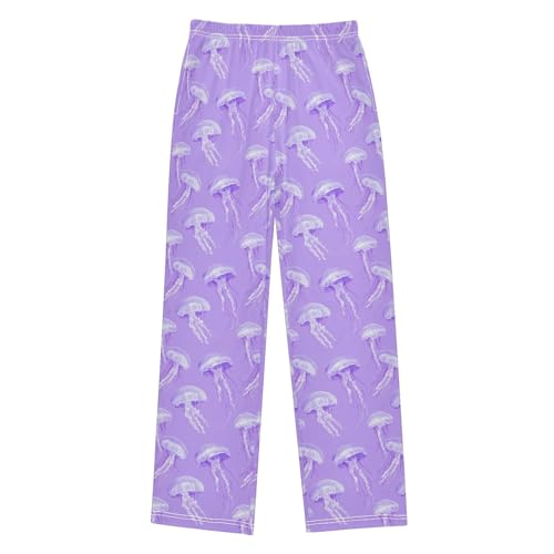 Purple Jellyfish Pattern Pajama Pants Lounge Sleep Pants Elastic Waist Long Pajama Bottoms with Pockets for 6-14 Years